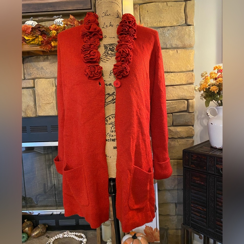 Joan Rivers Elegant Red Women's cardigan with Ruffle Collar